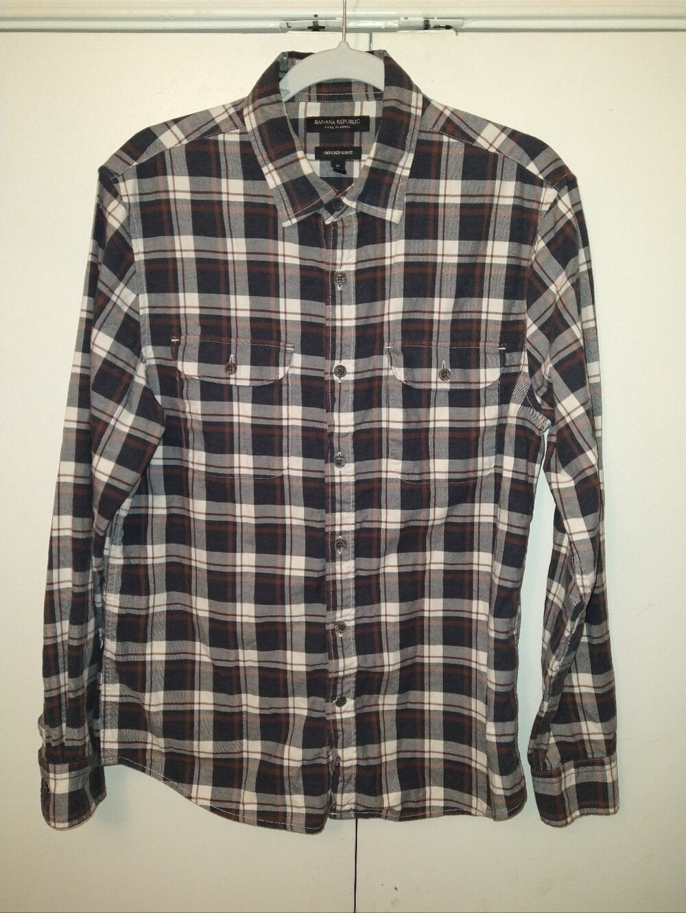 Banana Republic Luxe Untucked Slim Fit Plaid Long Sleeve Button Up Shirt Men's M